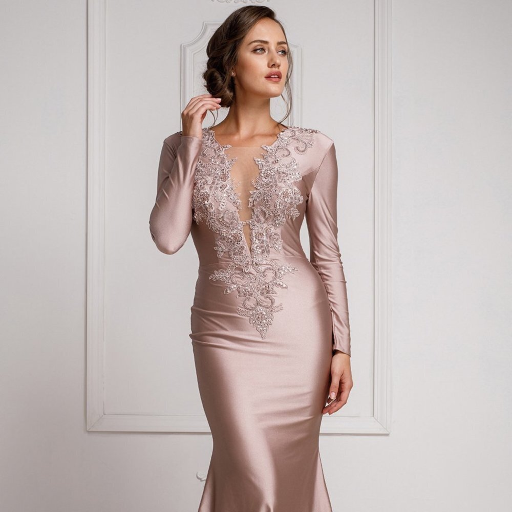 NEW FLOOR LENGTH DRESS WITH LONG SLEEVES & EMBROIDERED PLUNGING NECKLINE AC 382